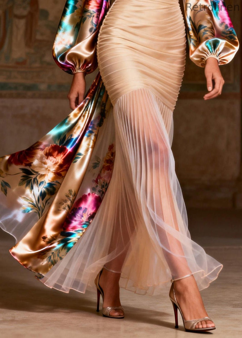 Apricot Print Patchwork Chiffon Pleated Dress Summer