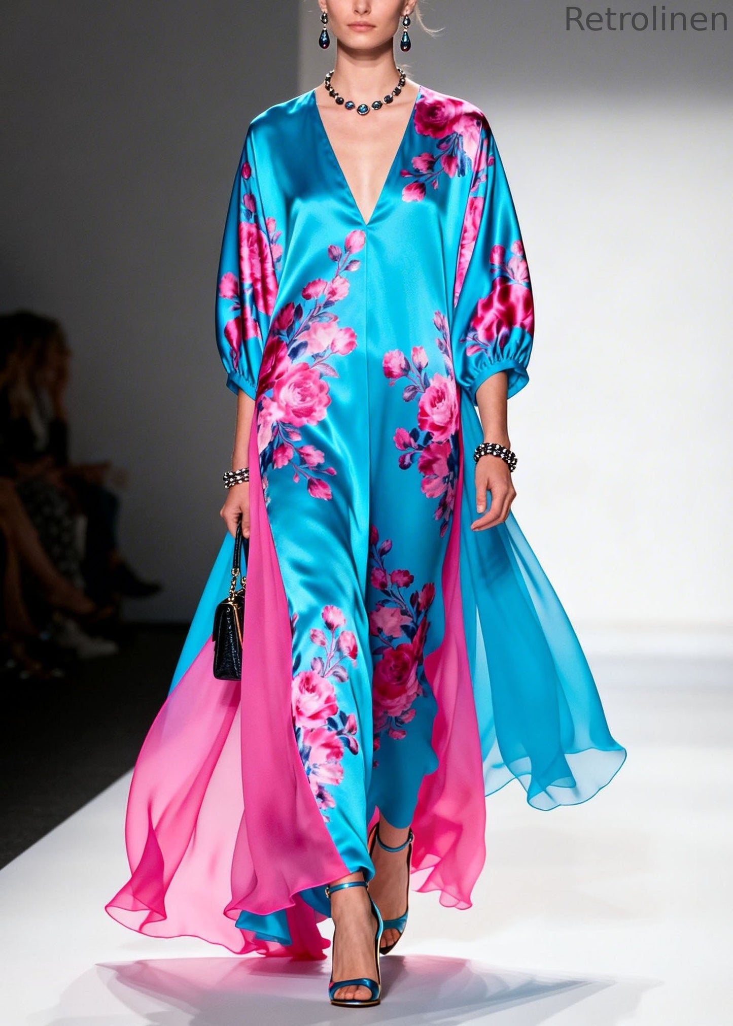 V Neck Print Patchwork Silk Long Dress Summer