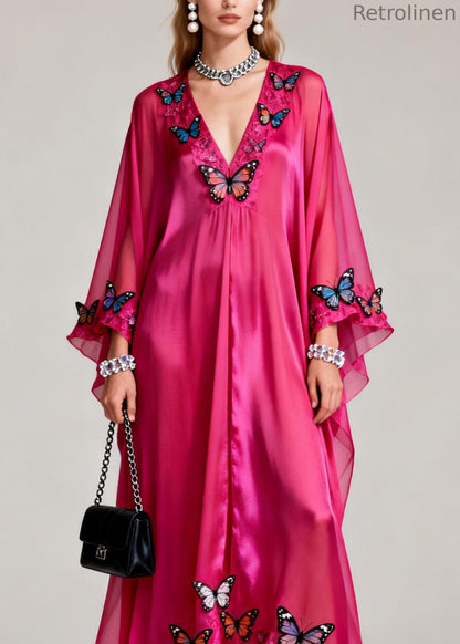 Rose V Neck Butterfly Silk Maxi Dresses Spring