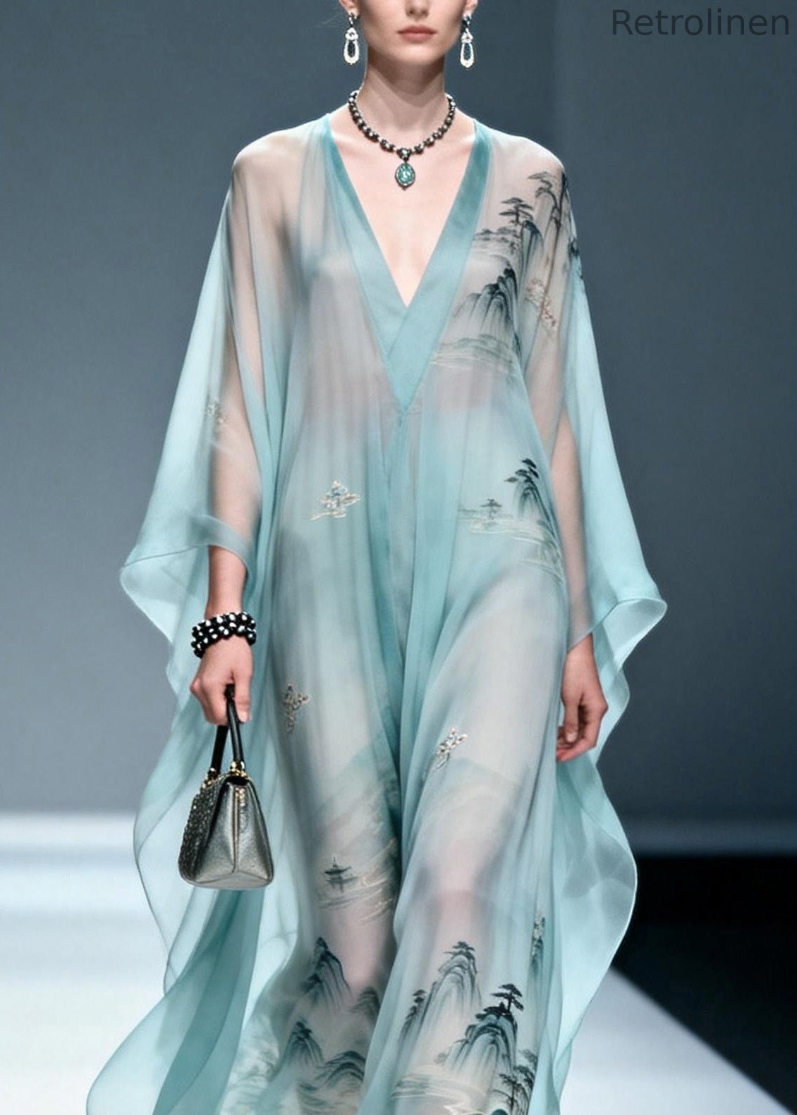 Blue V Neck Print Chiffon Long Dress Spring