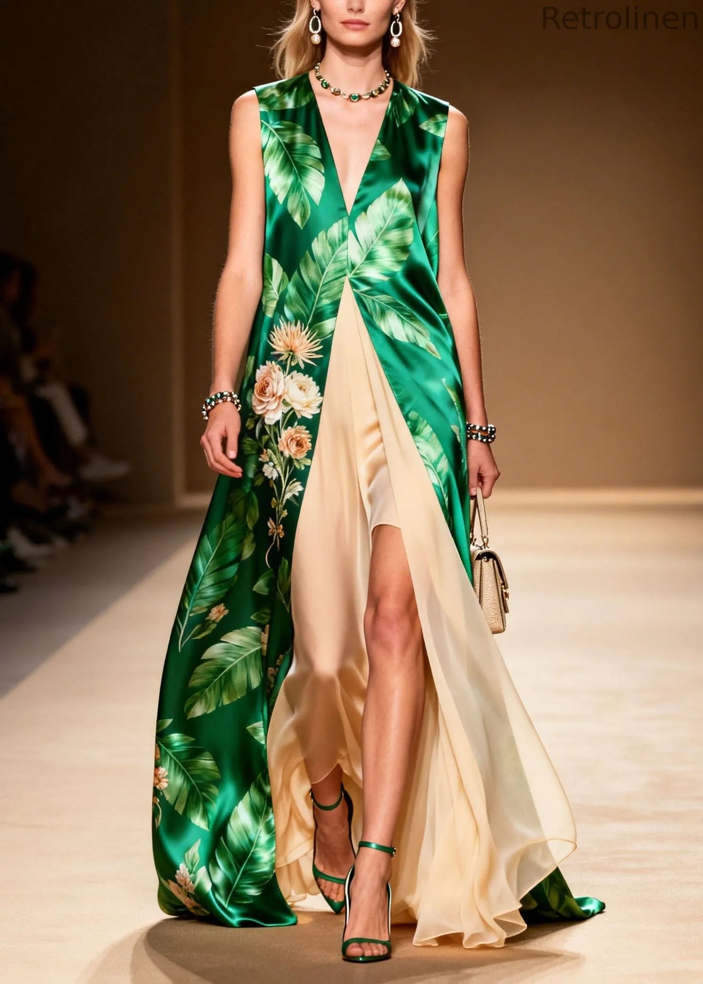 V Neck Print Patchwork False Two Pieces Silk Dress Summer