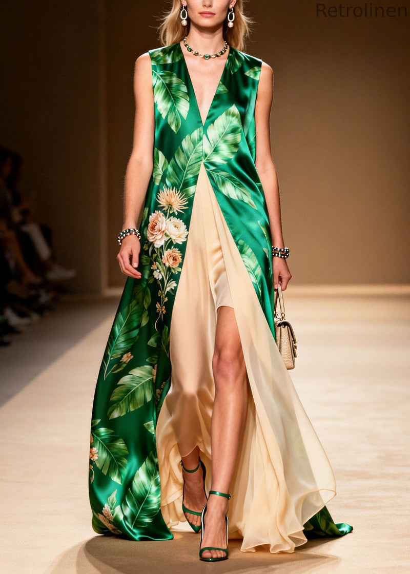 V Neck Print Patchwork False Two Pieces Silk Dress Summer
