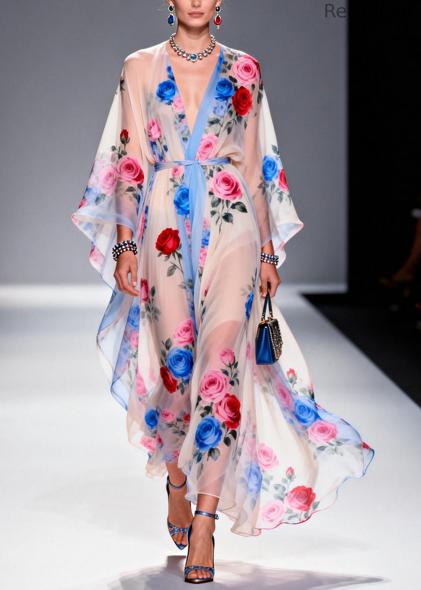 Multicolored Print Chiffon Maxi Dress Tie Waist Summer
