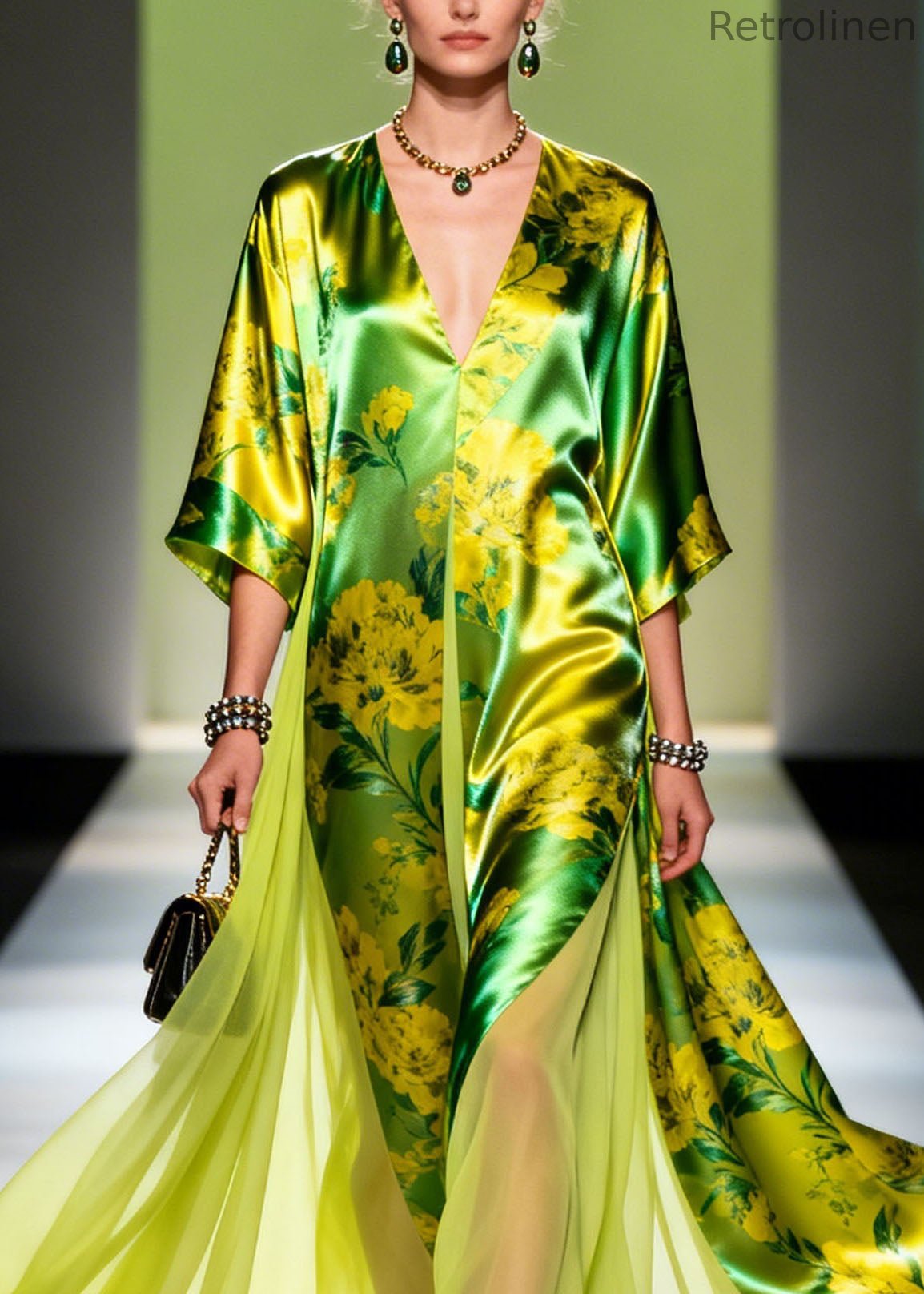 Classy V Neck Print Patchwork Silk Maxi Dresses Summer