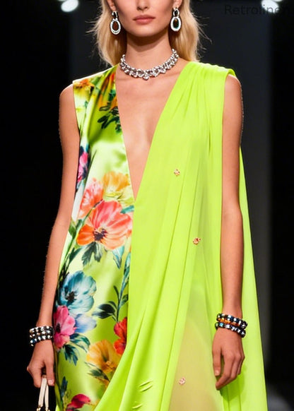 Fluorescent Green Asymmetrical Print Chiffon Holiday Dress Summer