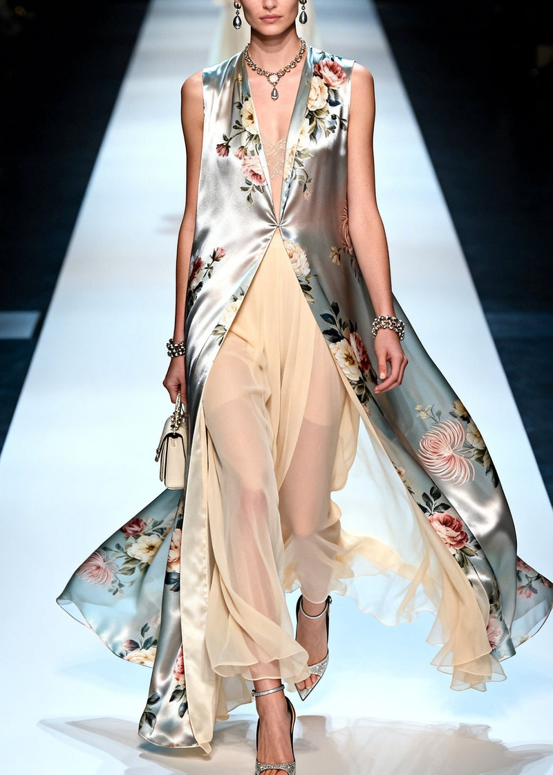 Silvery Print Chiffon Long Dress Two Pieces Set Summer