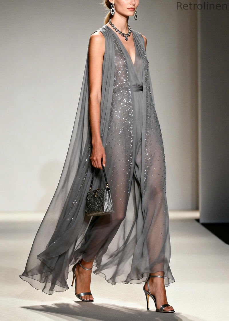 Grey Sparkling Zircon Draping Chiffon Dress Two Piece Set Sleeveless