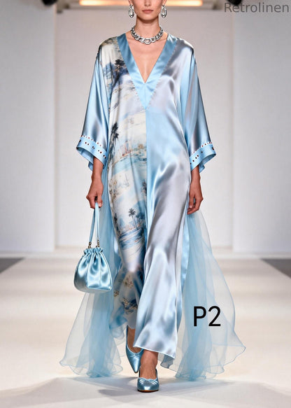 Light Blue Print Tulle Patchwork Rhinestone Dresses Summer