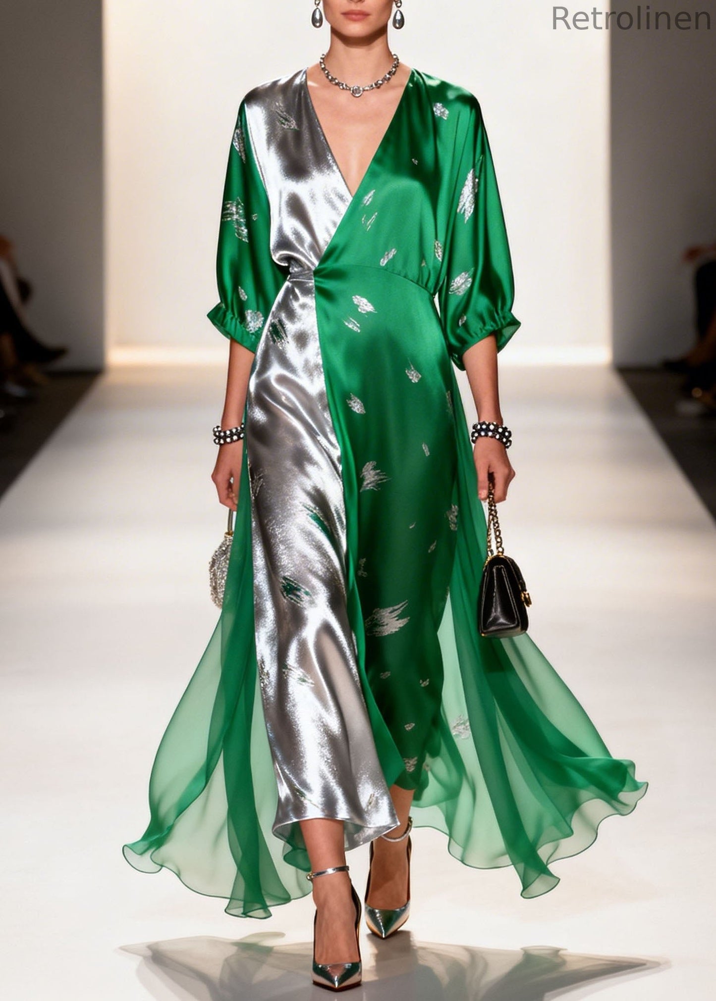 Colorblock V Neck Print Chiffon Long Dresses Summer