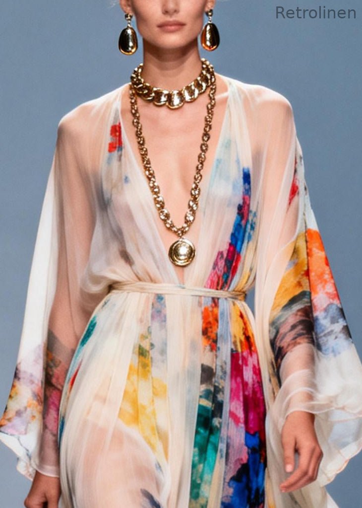 White Tie Waist Tie Dye Chiffon Maxi Dresses Summer