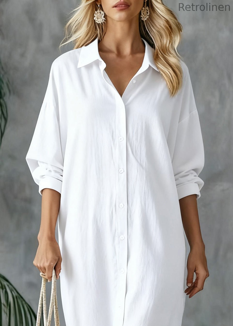 Loose White Peter Pan Collar Button Side Open Linen Shirts Dresses Spring