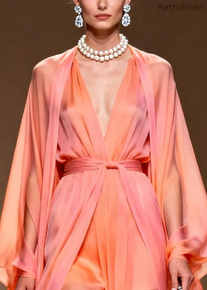 Orange V Neck Draping Chiffon Dress Two Piece Set Summer