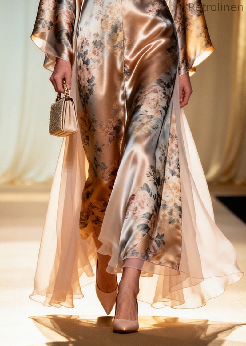 Champagne Print Tulle Patchwork Silk Maxi Dress Summer