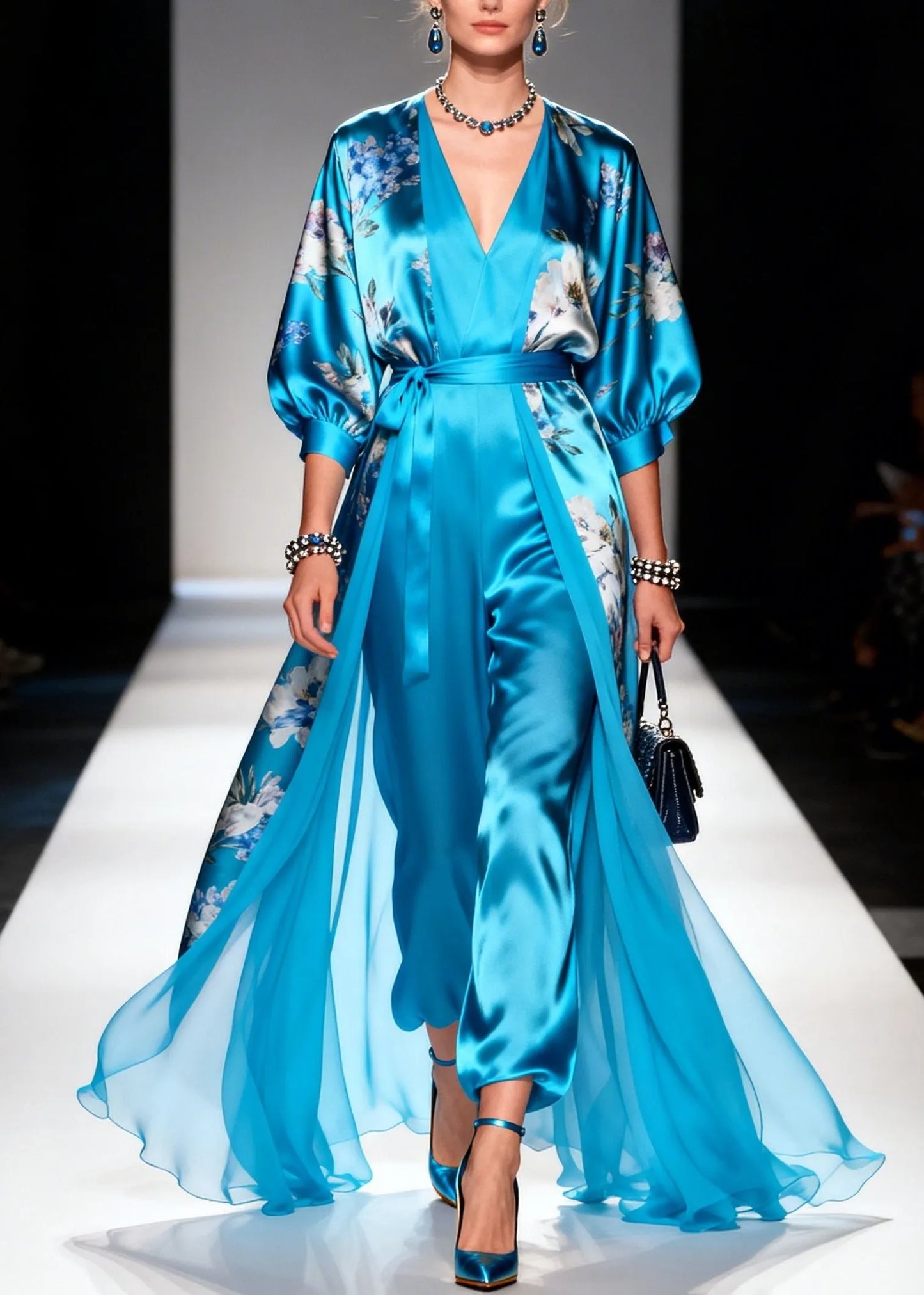Blue Print Draping Silk Long Dresses Two Piece Set Summer