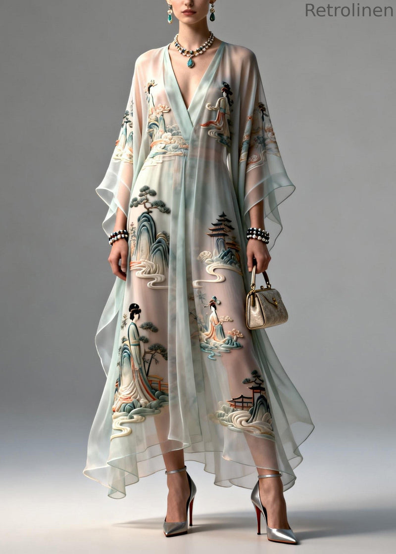 V Neck Asymmetrical Design Print Chiffon Dress Summer