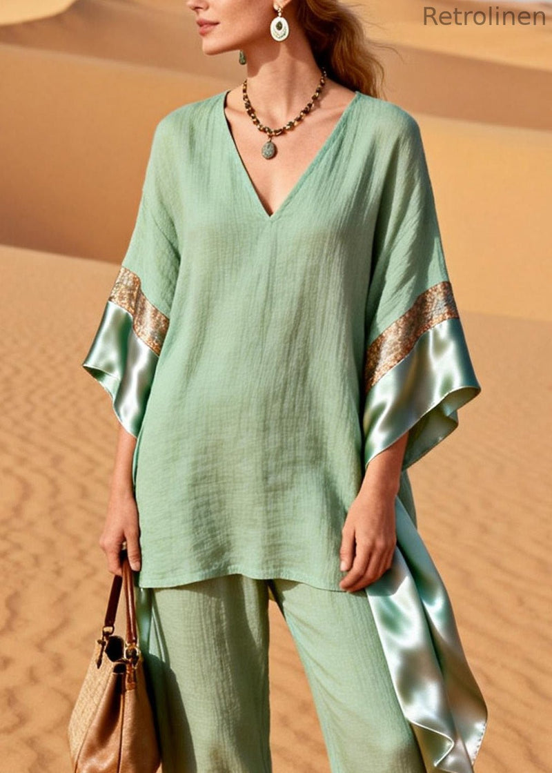 Green V Neck Patchwork Linen Silk Two Pieces Set Summer