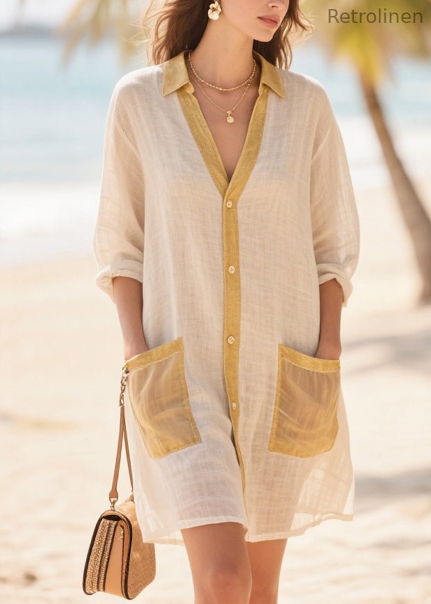 Beige Oversized Patchwork Cotton Mid Dress Summer