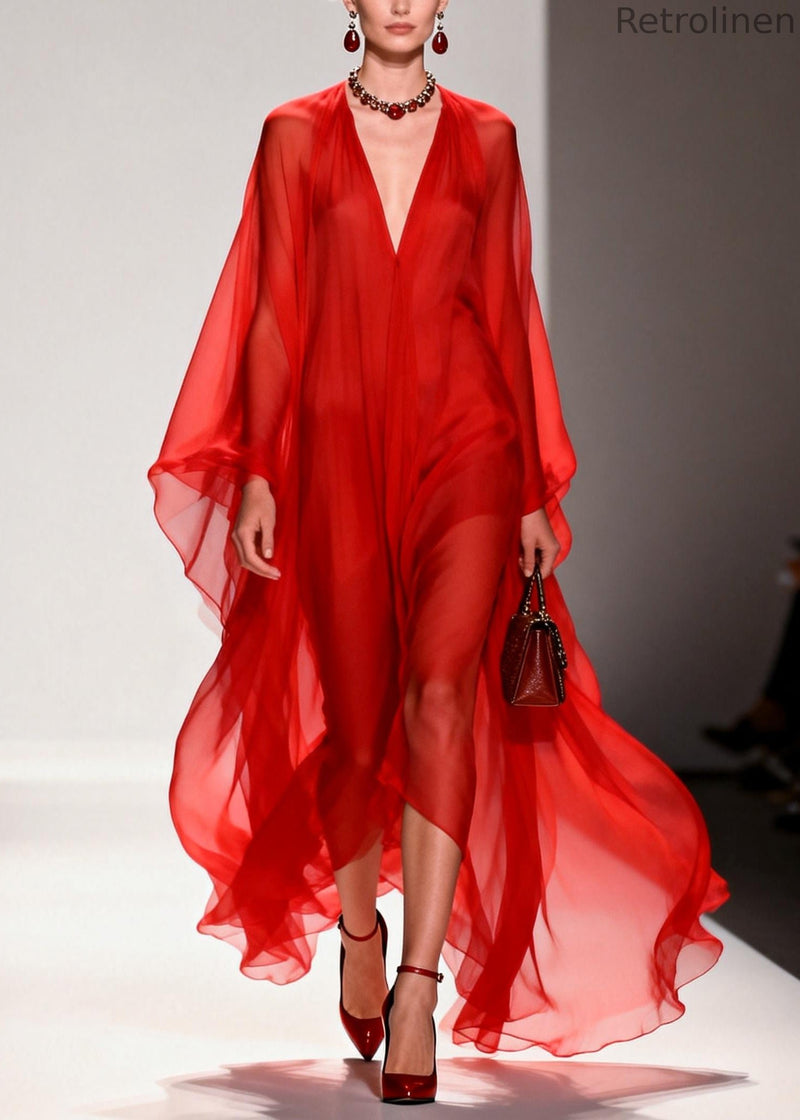 Natural Red Oversized Draping Chiffon Robe Dresses Summer