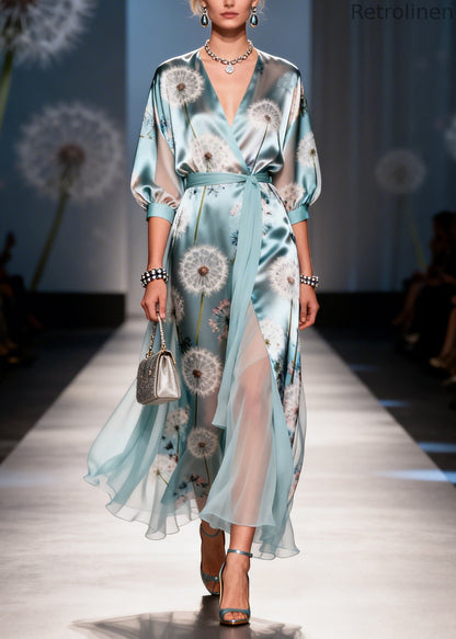 Fine Light Blue Tunic Dandelion Print Chiffon Long Dresses Summer