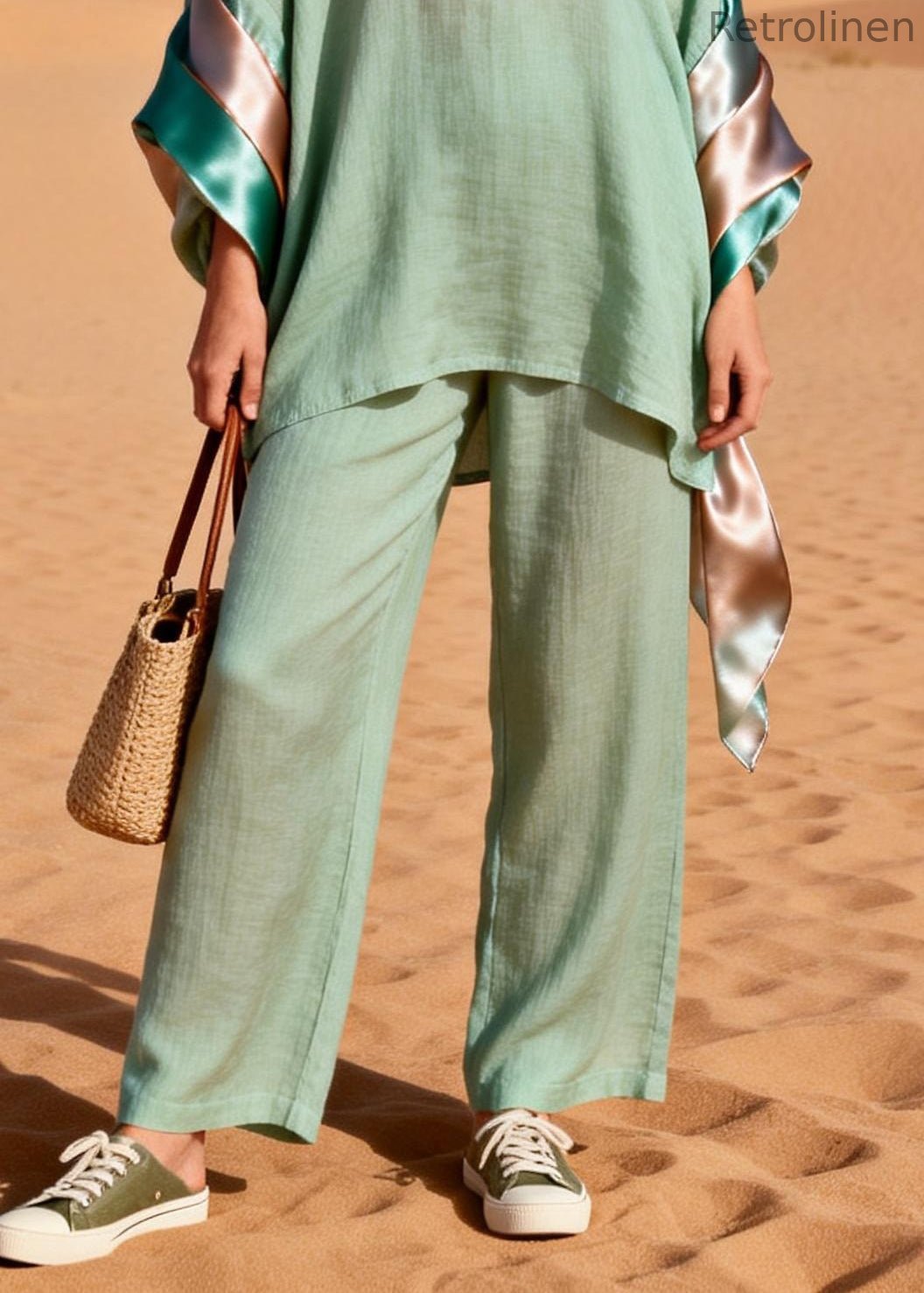 Loose Green V Neck Silk Patchwork Linen Two Piece Set Spring