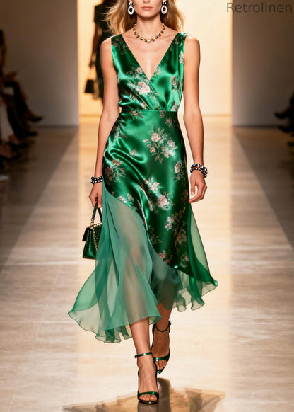 Peacock Green Print Patchwork Silk Cami Dresses Summer