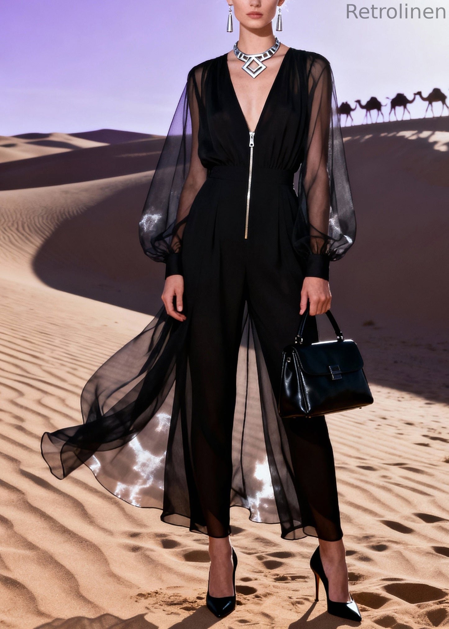 Italian Black V Neck Patchwork Tulle Jumpsuit Lantern Sleeve