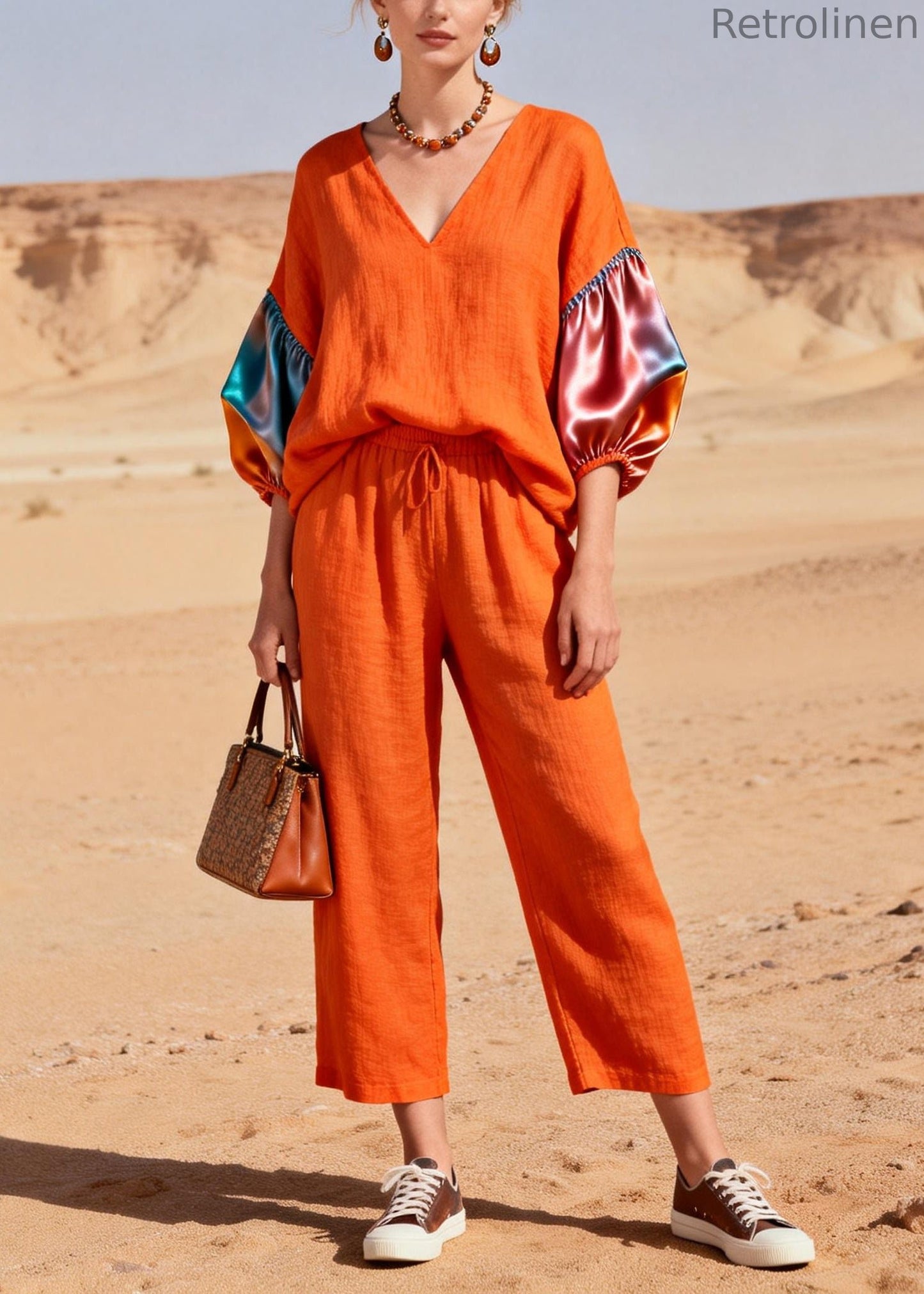 Orange V Neck Patchwork Linen 2 Piece Outfit Lantern Sleeve