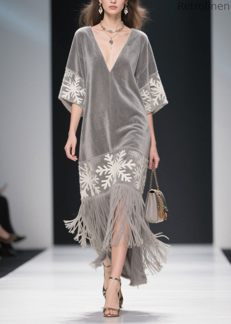 Boutique Grey V Neck Tassel Patchwork Velvet Dress Summer