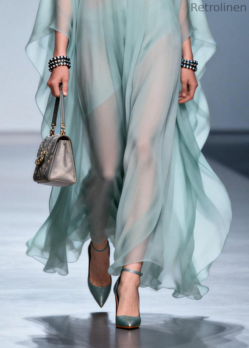 Sky Blue Print Draping Chiffon Maxi Dress Batwing Sleeve