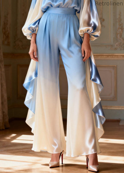 Gradient Color Slash Neck Ruffled Silk Two Piece Set Spring