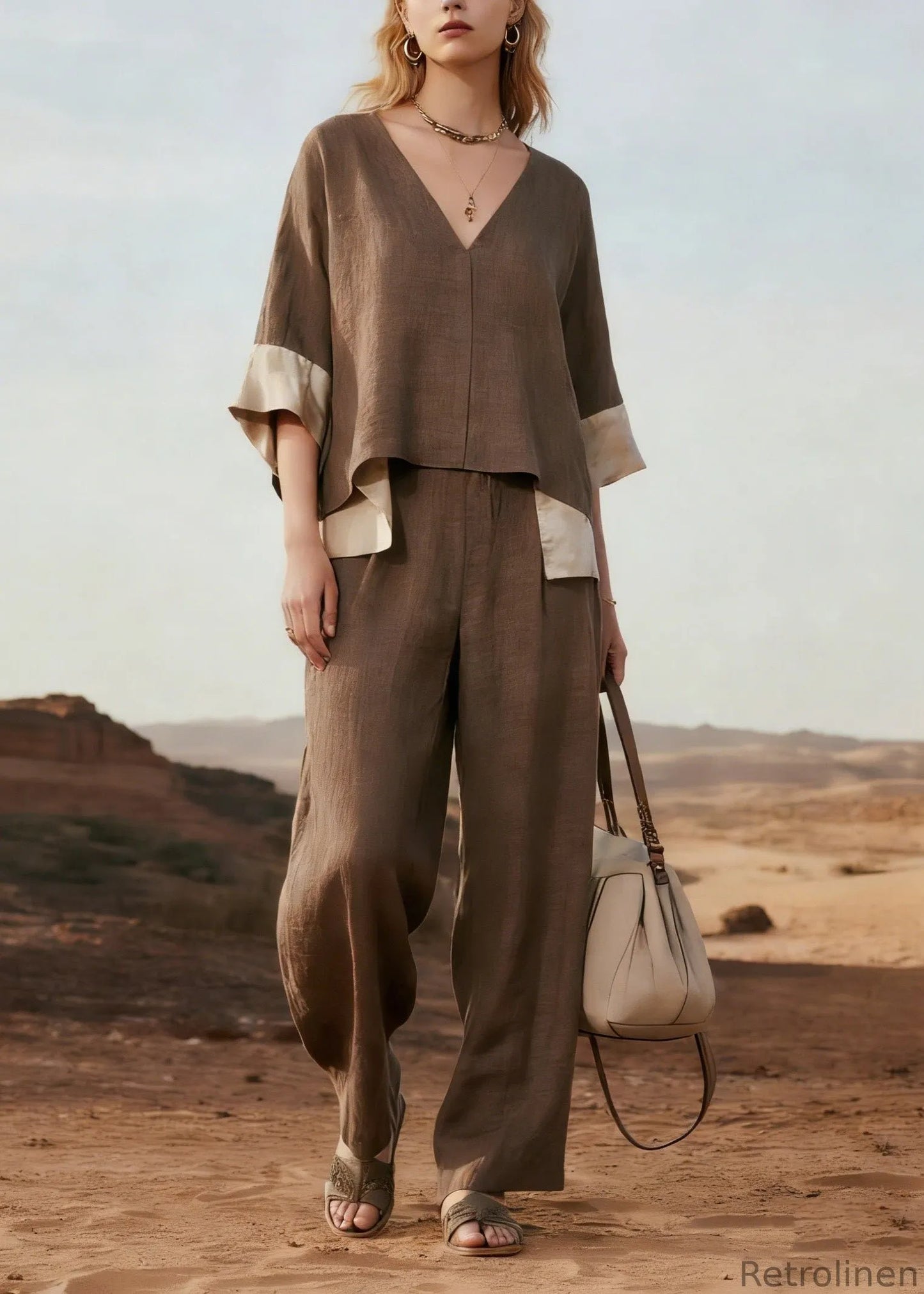 V Neck Patchwork Linen Two Pieces Set Summer