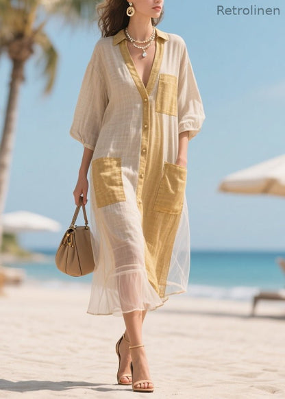 Beige V Neck Patchwork Tulle Maxi Dresses Bracelet Sleeve