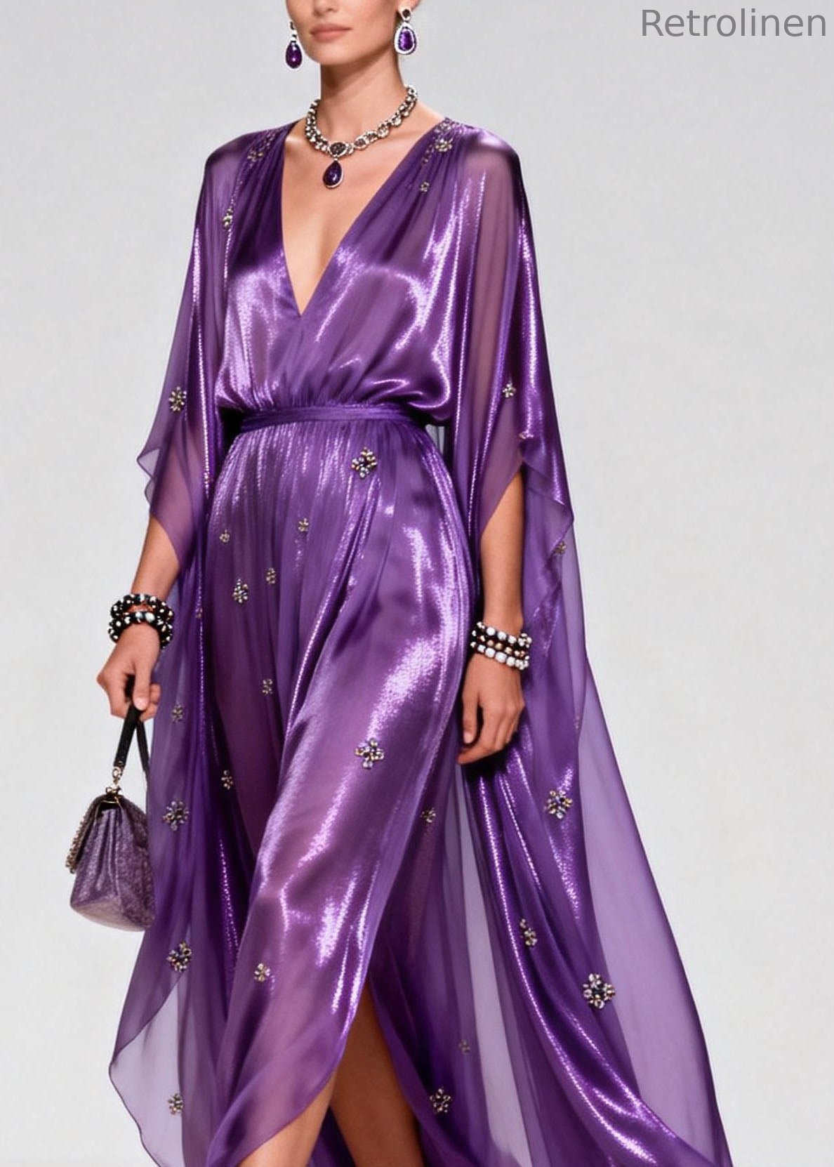 Purple V Neck Zircon Chiffon Long Dress Summer