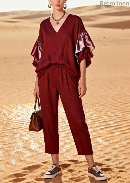 French Mulberry Oversized Patchwork Cotton Two Piece Suit Set Butterfly Sleeve