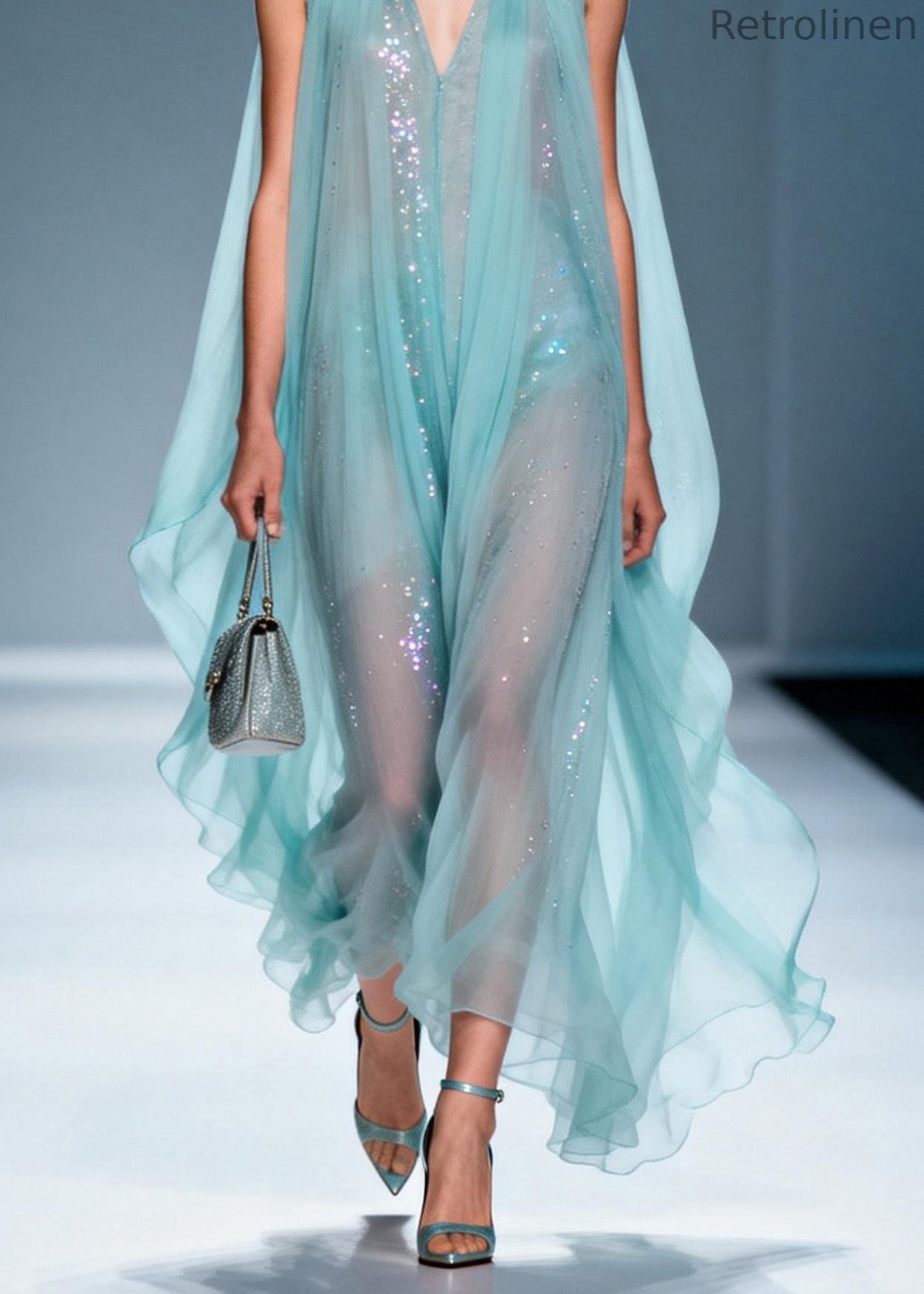 French V Neck Zircon Chiffon Robe Dresses Sleeveless