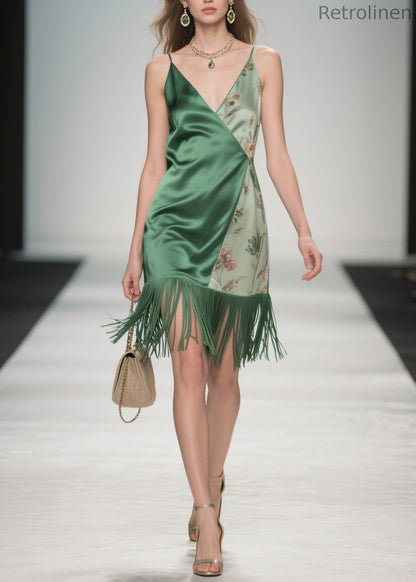Colorblock Tassel Print Silk Spaghetti Strap Dresses Summer
