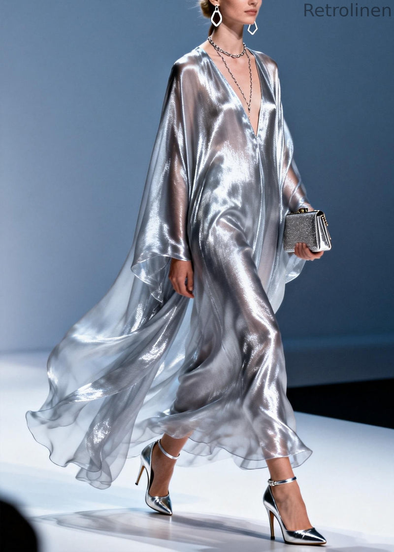 Stylish V Neck Silver Silk Long Dress Spring