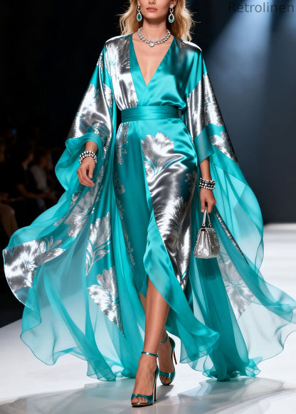 Loose V Neck Print Patchwork Chiffon Long Dress Summer
