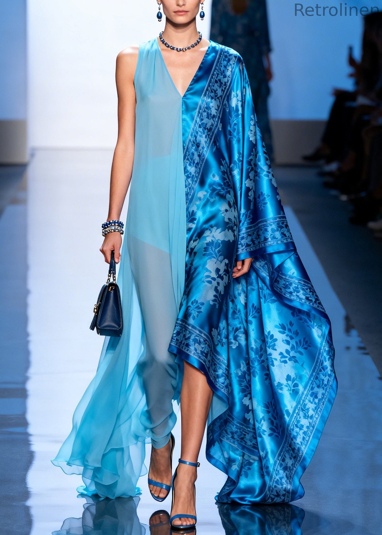 Boutique Blue Asymmetrical Patchwork Exra Large Hem Silk Dresses Summer