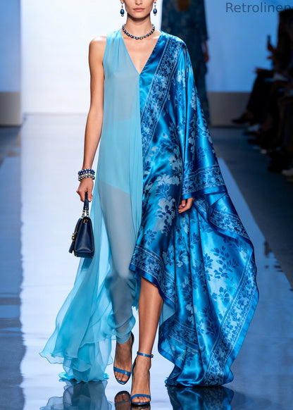 Boutique Blue Asymmetrical Patchwork Exra Large Hem Silk Dresses Summer
