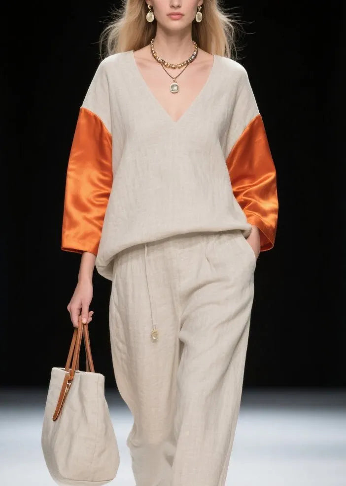 New Colorblock V Neck Patchwork Linen Silk Two-piece Set Spring