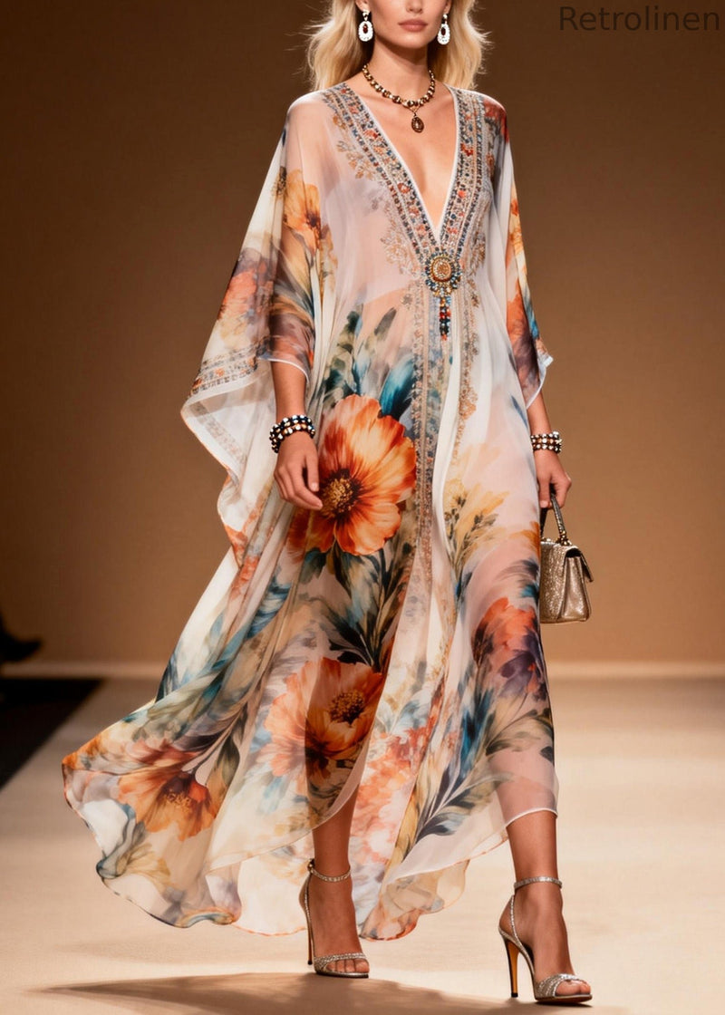 Style V Neck Print Chiffon Long Dresses Summer