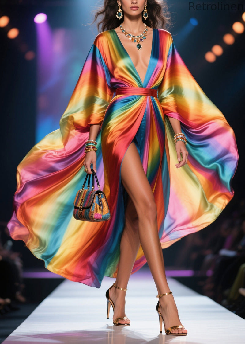 Rainbow V Neck Exra Large Hem Chiffon Holiday Dress Summer