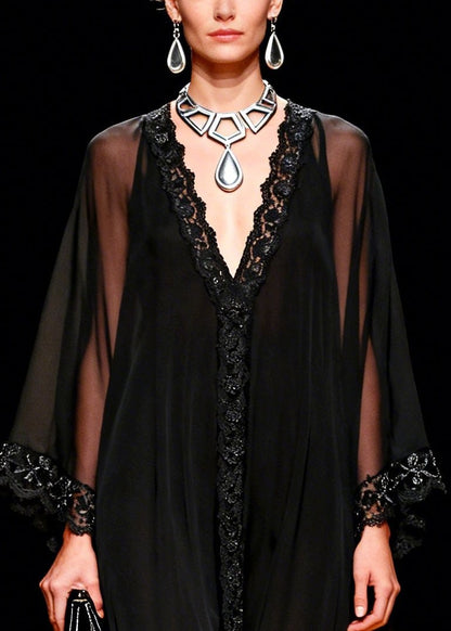 Handmade Black Oversized Lace Patchwork Chiffon Dresses Summer