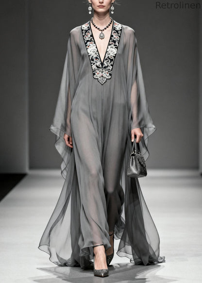 Grey V Neck Print Loose Chiffon Long Dress Spring