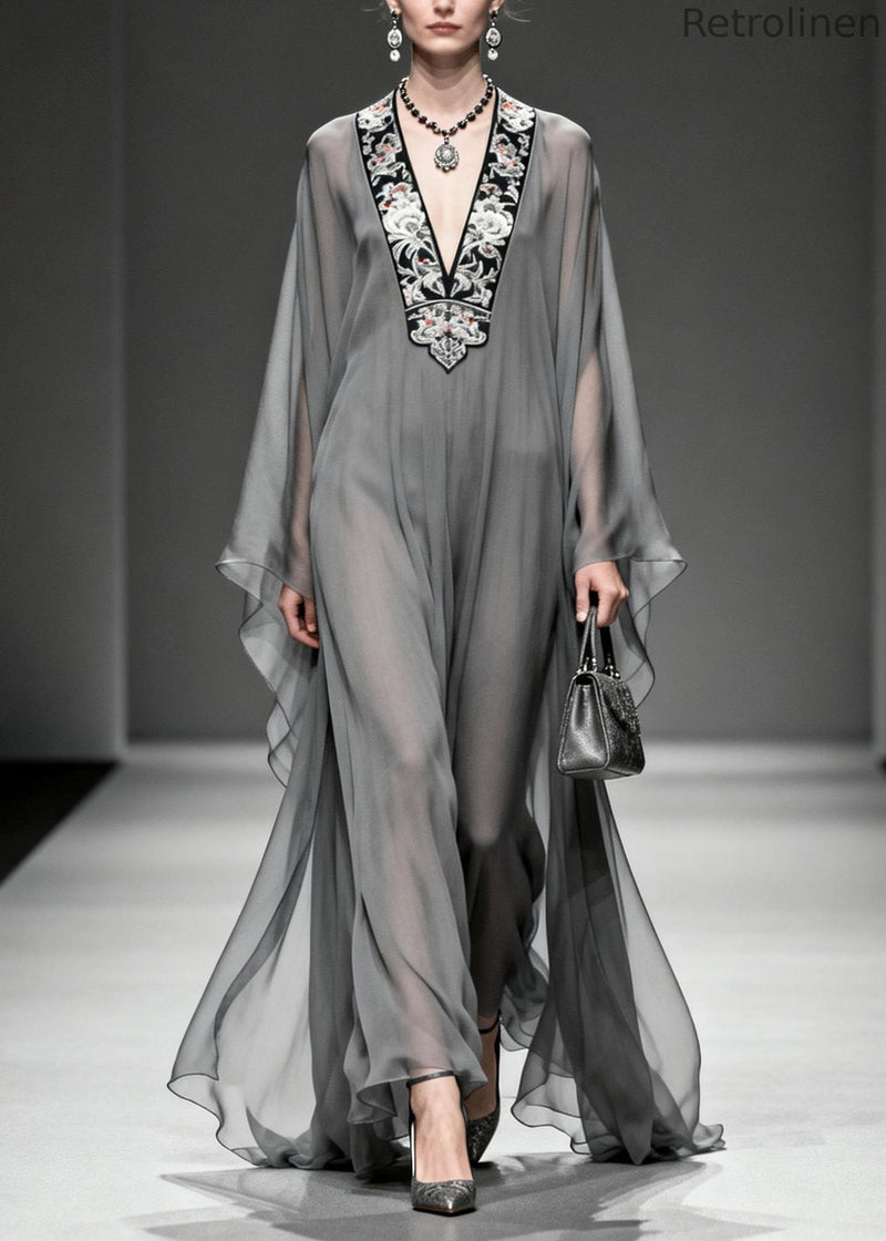 Grey V Neck Print Loose Chiffon Long Dress Spring