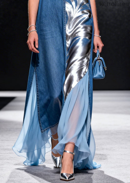French Blue Asymmetrical Tulle Patchwork Denim Long Dress Summer