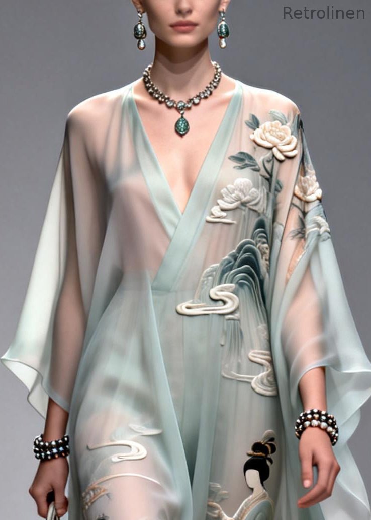 Diy Light Blue Oversized Print Chiffon Dress Summer