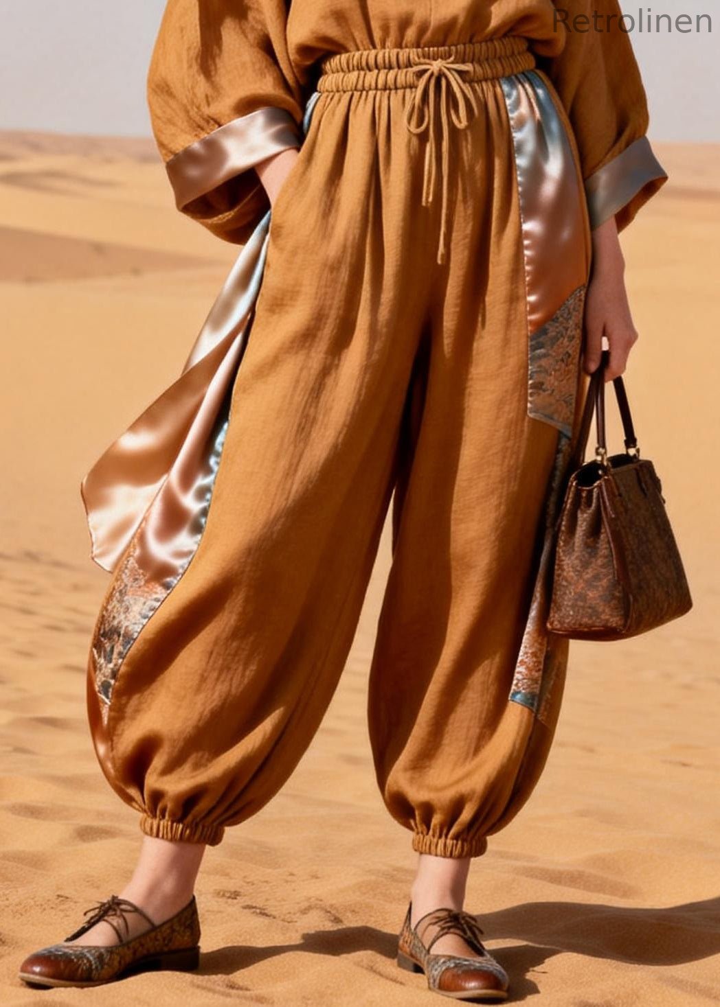 Caramel Pockets Elastic Waist Patchwork Silk Linen Two Pieces Set Spring