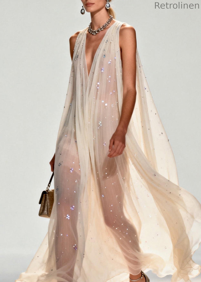 New Style V Neck Zircon Chiffon Maxi Dress Sleeveless